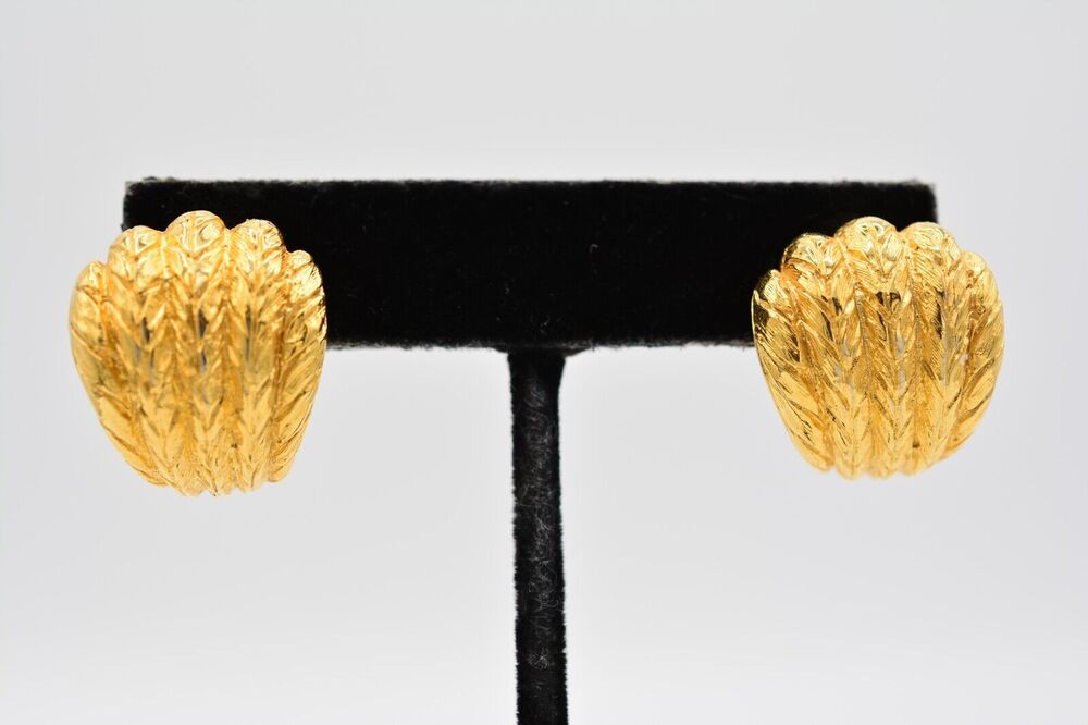 KJL Vintage Earrings Heavy Brushed Gold Pleated Shell Signed 1980s BinAK